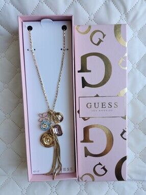 GUESS 32in Gold Necklace with Pink and Blue Charms